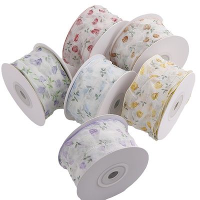 40mm 50mm Organza Ribbon με Floral Printed Polyester Ribbon OEM Eco Friendly