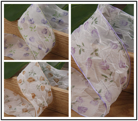 40mm 50mm Organza Ribbon με Floral Printed Polyester Ribbon OEM Eco Friendly
