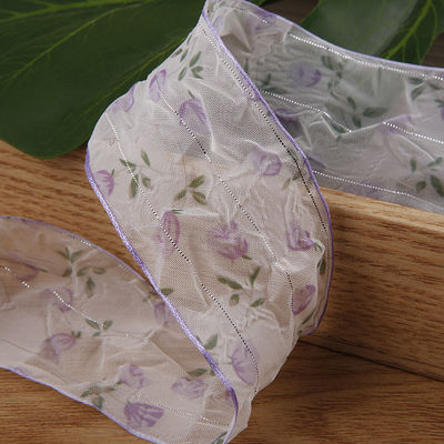 40mm 50mm Organza Ribbon με Floral Printed Polyester Ribbon OEM Eco Friendly